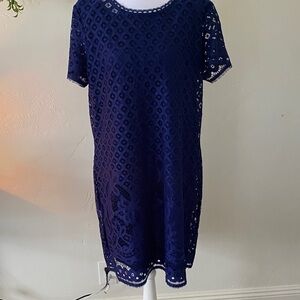 Isaac Mizrahi Navy Blue Crochet Short Sleeve Shift Dress